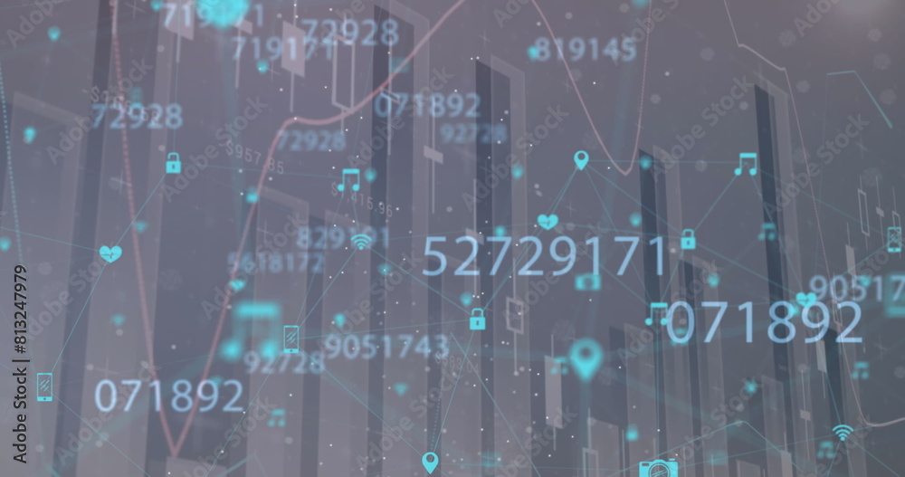 Poster image of multiple graphs, changing numbers and connected icons over abstract background