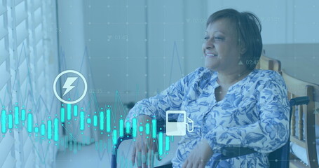 Image of multiple graphs, icons, changing numbers, senior biracial woman looking through window
