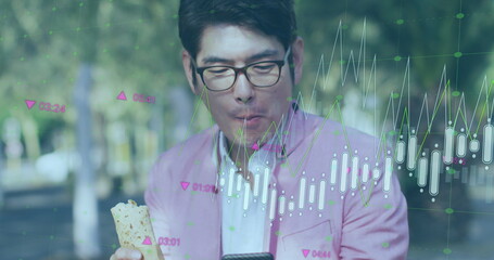 Image of graphs and changing numbers, asian woman scrolling on cellphone while eating food