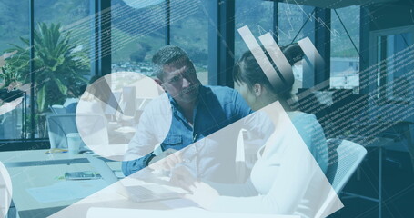 Image of statistical data processing over diverse man and woman discussing over laptop at office