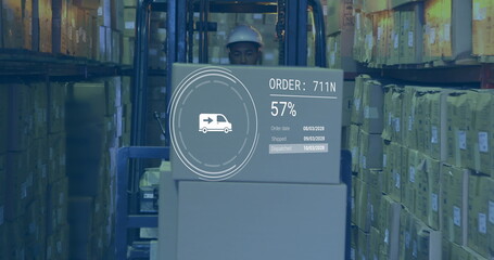 Image of data processing against biracial male worker operating a forklift at warehouse - Powered by Adobe