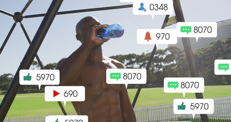 Image of notification bars over african american athlete drinking water after training outdoors