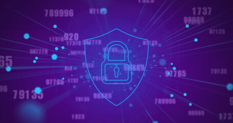 Image of dots around padlock in shield and changing numbers over blue background