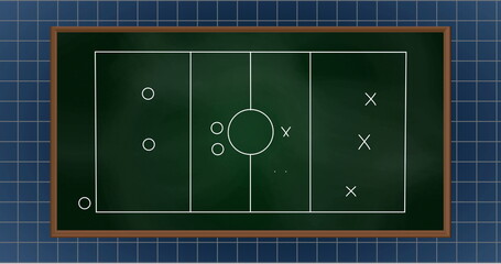 Imafe of a school blackboard showing soccer strategy with circles and crosses