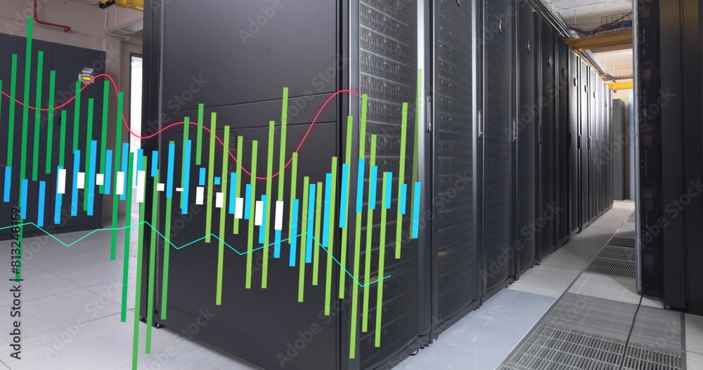 Poster image of multicolored graphs over data server racks in server room