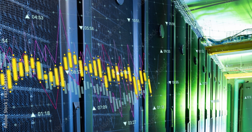 Poster image of statistical data processing against computer server room