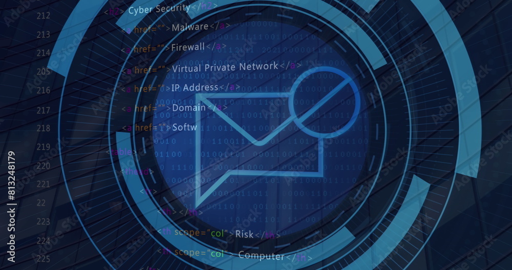 Poster image of message block icon on round scanner and data processing against tall building