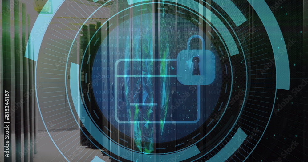 Poster image of security padlock icon on round scanner and globe of plexus networks against server room