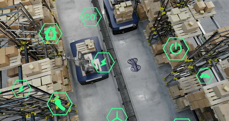 Image of eco icons over warehouse - Powered by Adobe
