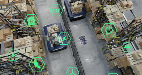Image of eco icons over warehouse