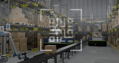 Image of qr code and data processing over warehouse