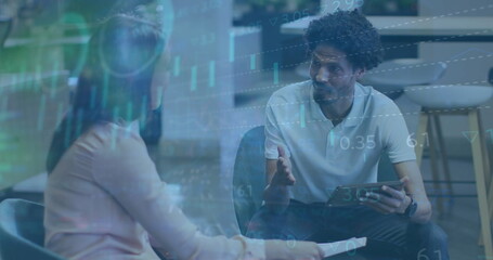 Image of statistical, stock market data processing on diverse man and woman discussing at office