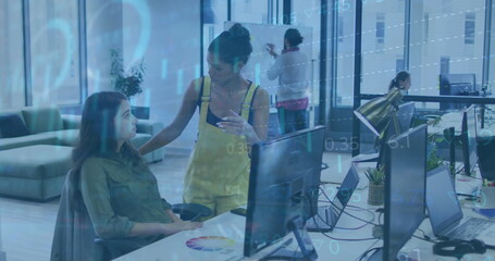 Image of statistical, stock market data processing over two diverse women discussing at office
