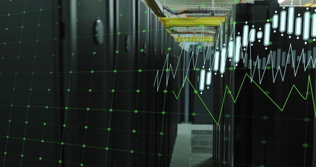 Image of multiple graphs with changing numbers over data server room