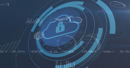 Image of cloud icon and security padlock icon over statistical and stock market data processing