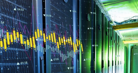 Image of statistical data processing against computer server room