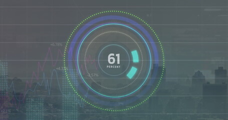 Image of increasing percentage on round scanner, statistical data processing against cityscape