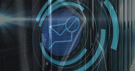 Image of message block icon on round scanner and light spot against computer server room