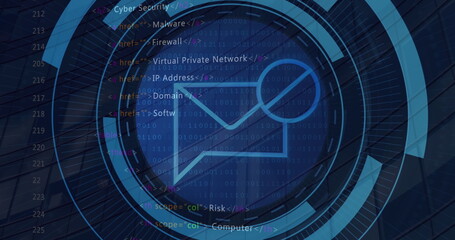 Image of message block icon on round scanner and data processing against tall building