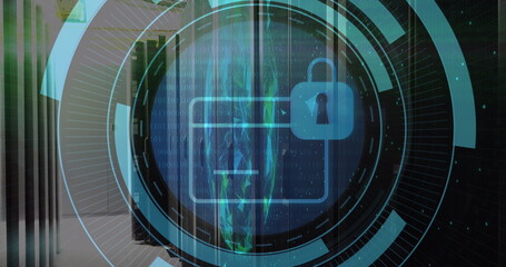 Image of security padlock icon on round scanner and globe of plexus networks against server room