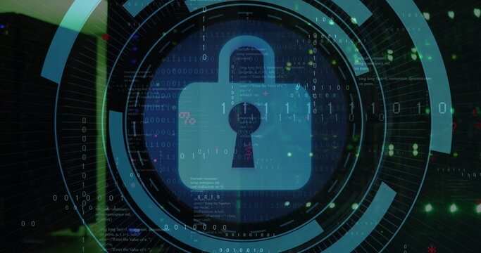 Image of security padlock icon on round scanner against computer server room