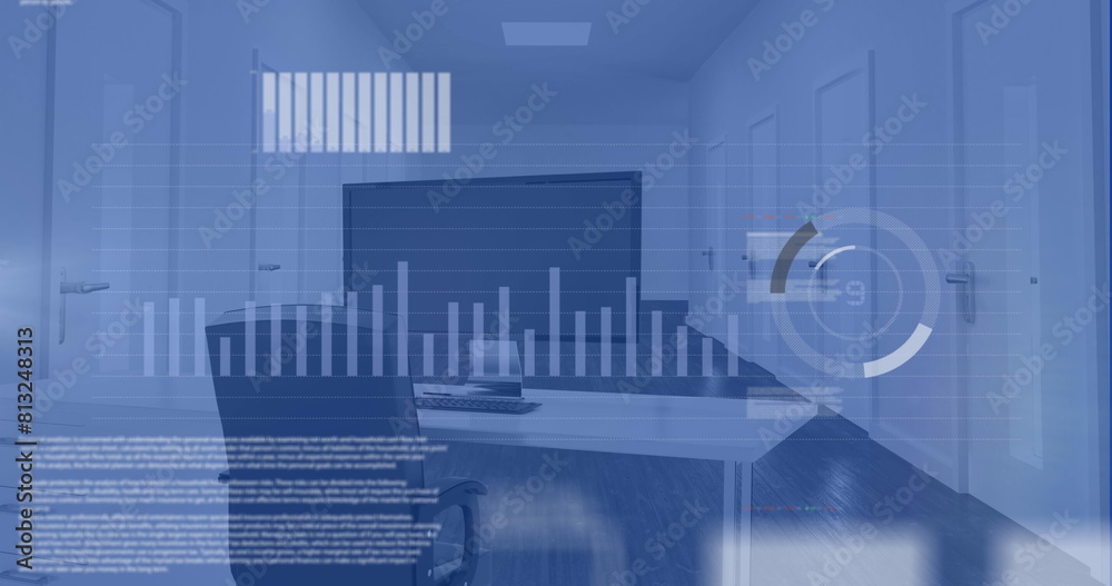 Poster Image of icons, graphs, trading board, loading circles, chair, desktop in office