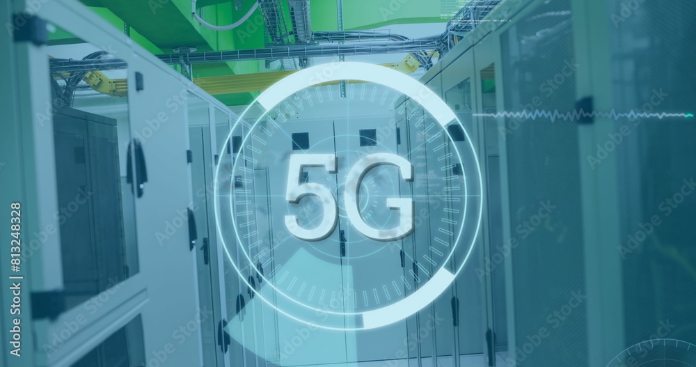 Poster image of 5g text over round scanner and data processing against computer server room