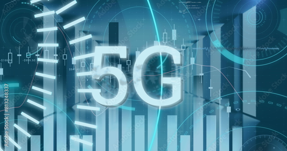 Poster image of 5g text, round scanners and statistical data processing against computer server room