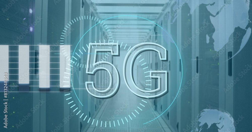 Poster image of 5g text, round scanners and statistical data processing against computer server room