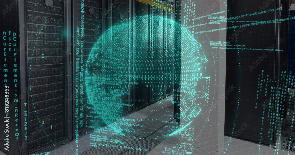 Poster image of data processing over spinning globe against computer server room