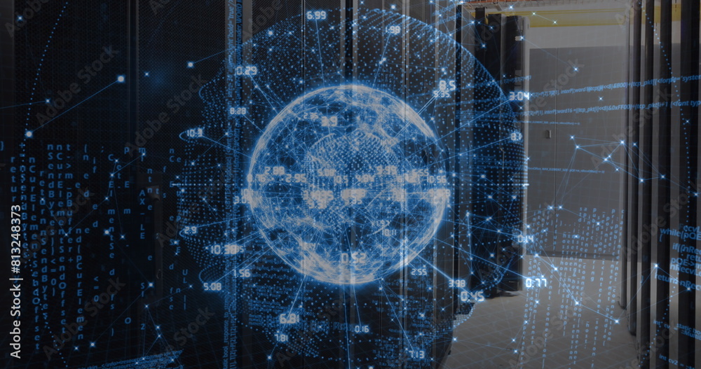 Poster image of data processing over spinning globe against computer server room