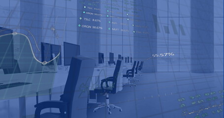 Image of multiple graphs and trading boards over unoccupied chairs and computer in office