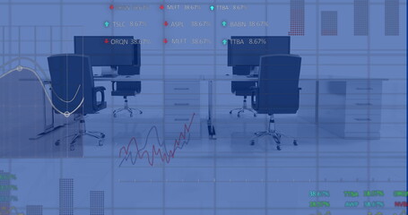 Image of multiple graphs and trading boards over unoccupied chairs and desktop in office