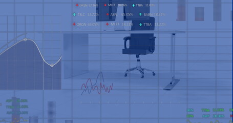 Image of multiple graphs and trading board over chair and desktop against white background