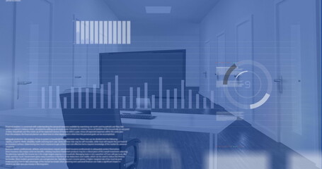 Image of icons, graphs, trading board, loading circles, chair, desktop in office