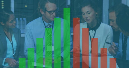 Image of bar graph over diverse coworkers discussing reports on digital tablet in office