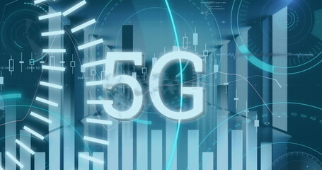 Image of 5g text, round scanners and statistical data processing against computer server room