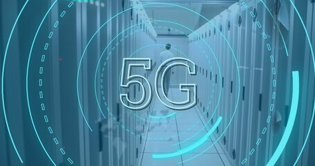 Image of 5g text over round scanner against rear view of a male engineer walking at server room