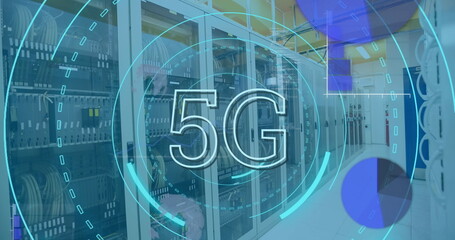 Image of 5g text, round scanners and statistical data processing against computer server room