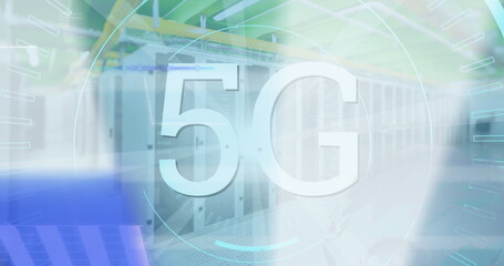Image of 5g text over spinning round scanner, light spot and data processing against server room