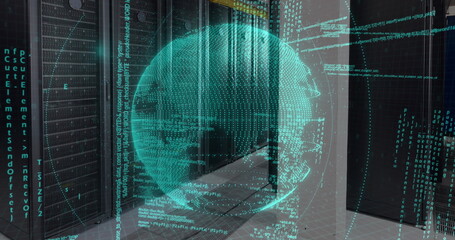 Image of data processing over spinning globe against computer server room