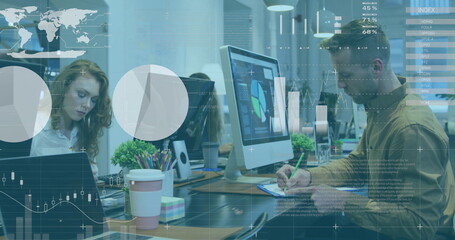 Image of statistical data processing against caucasian man taking notes at office