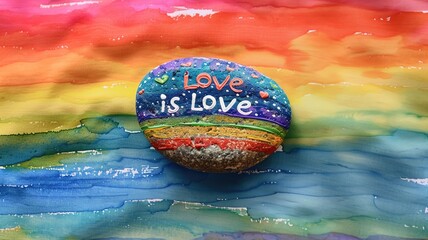 Painted rock with "Love is Love" text over rainbow background symbolizing LGBTQ+ pride