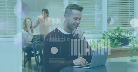 Image of statistical data processing over thoughtful caucasian man using laptop at office