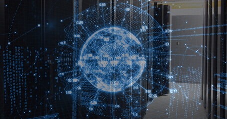 Image of data processing over spinning globe against computer server room