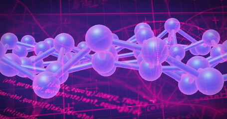 Image of molecular structures and data processing against purple background