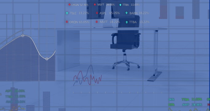 Image of multiple graphs and trading board over chair and desktop against white background
