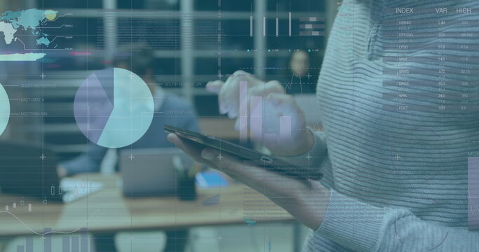 Image of infographic interface over midsection of caucasian woman using digital tablet in office