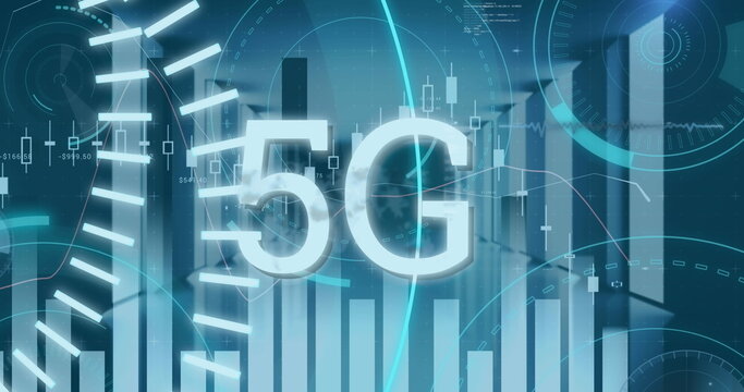 Image of 5g text, round scanners and statistical data processing against computer server room