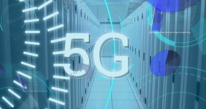 Image of 5g text, round scanners and statistical data processing against computer server room